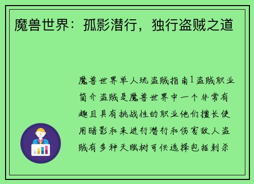 魔兽世界：孤影潜行，独行盗贼之道