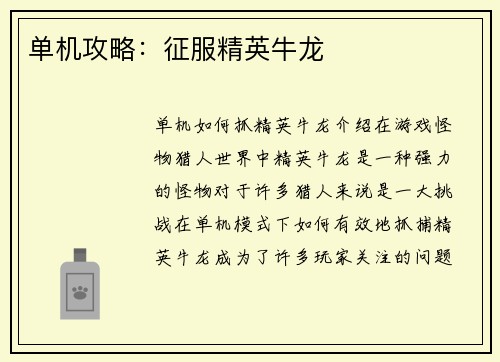 单机攻略：征服精英牛龙